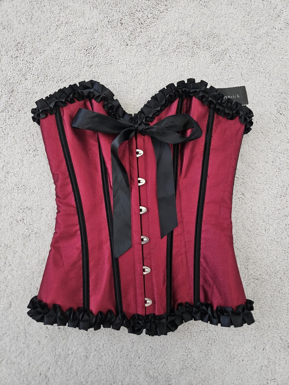 NWT Lovesick Corset Bordeaux Black Lace Up Ruffle Bow Boning Women Small/Medium